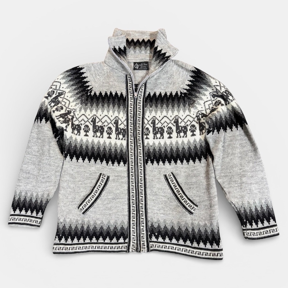 Inka Sur Alpaca Zip Cardigan Mens Medium Gray Black Nordic Made Peru‎